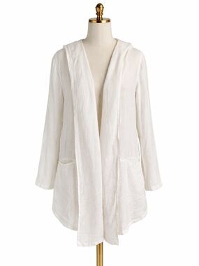 Click by Color Me Cotton White 100% Linen Hooded‎ Open Front Cardigan Jacket XS